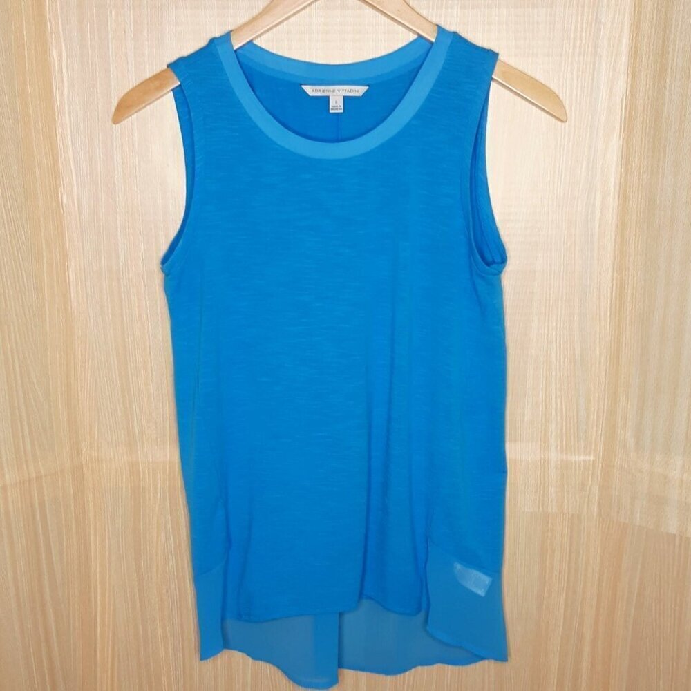 Adrienne Vittadini Women’s Blue Sleeveless Top With Sheer Trim Small.